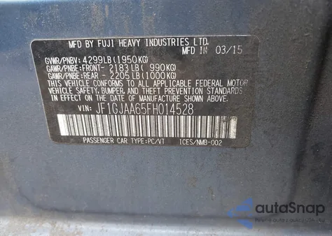 2015 Subaru Impreza 2.0I z USA, uszkodzony, nr VIN JF1GJAA65FH014528